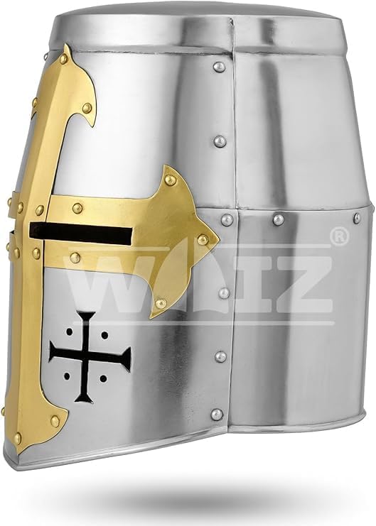 Crusader Great Helm – Steel Templar Helmet with Brass Cross