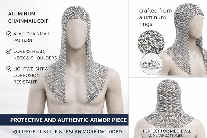 Authentic Medieval Aluminum Chainmail Coif Hood – Lightweight Armor Helmet for LARP, SCA, Cosplay & Knight Costumes