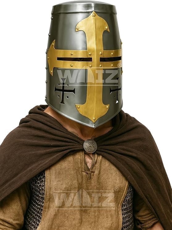 Crusader Great Helm – Steel Templar Helmet with Brass Cross