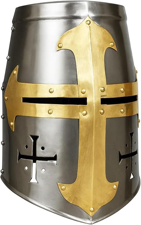 Crusader Great Helm – Steel Templar Helmet with Brass Cross
