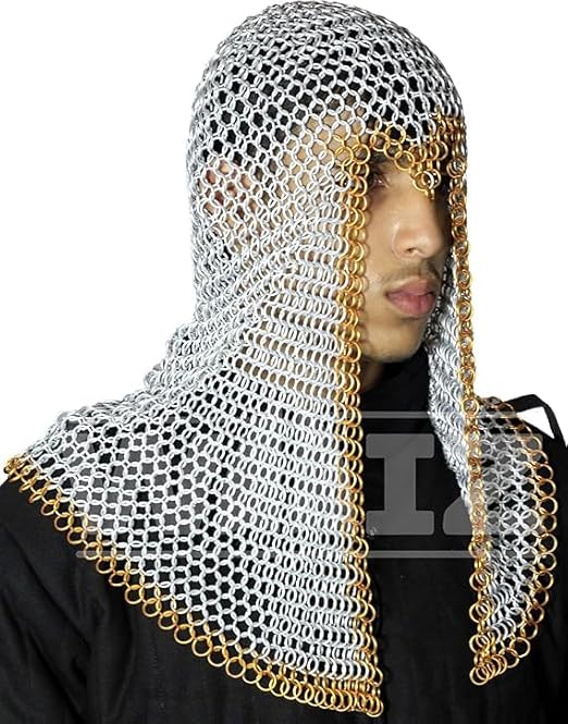 Lightweight Aluminum Chainmail Coif – Medieval Hood with Golden Ring Accents