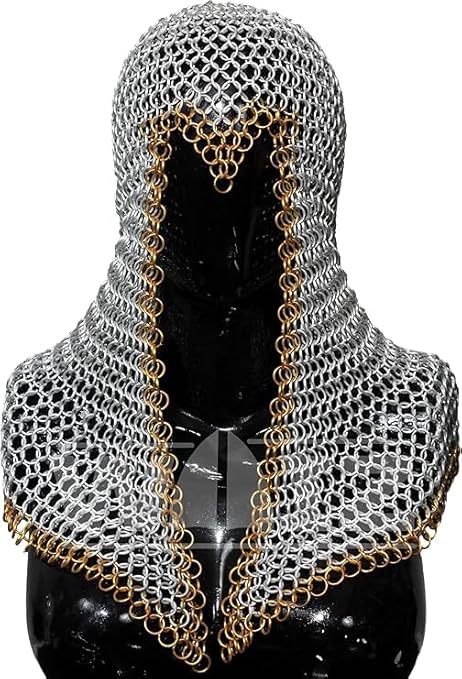 Lightweight Aluminum Chainmail Coif – Medieval Hood with Golden Ring Accents