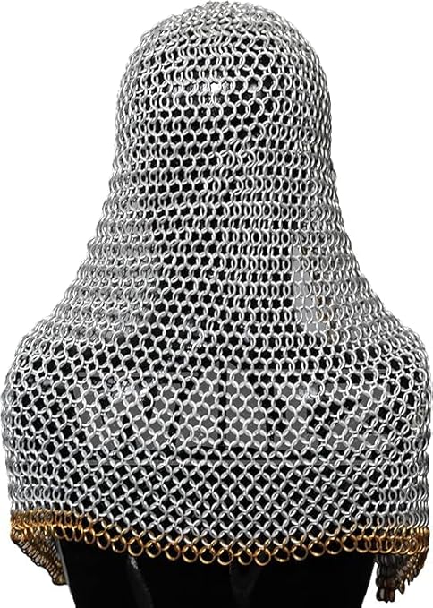 Lightweight Aluminum Chainmail Coif – Medieval Hood with Golden Ring Accents