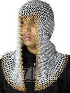 Lightweight Aluminum Chainmail Coif – Medieval Hood with Golden Ring Accents