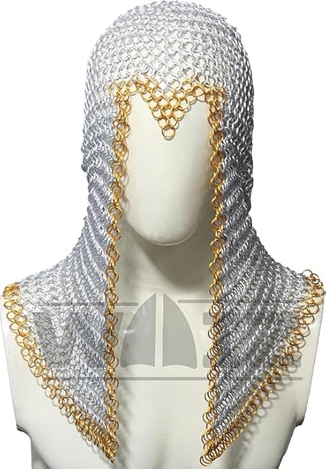 Lightweight Aluminum Chainmail Coif – Medieval Hood with Golden Ring Accents